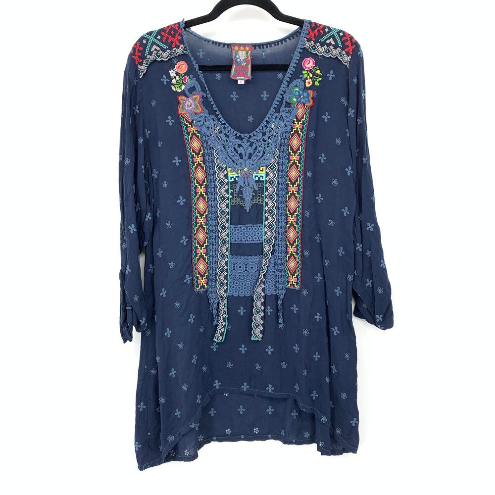 Johnny Was Tunic Womens Large Blue Multicolor Embroidered Boho Long Sleeve Top